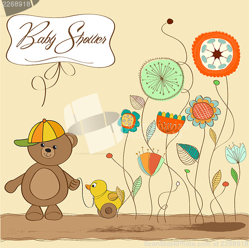 Image of baby shower card with teddy bear toy