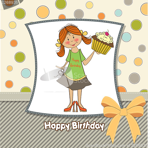Image of birthday greeting card with girl and big cupcake