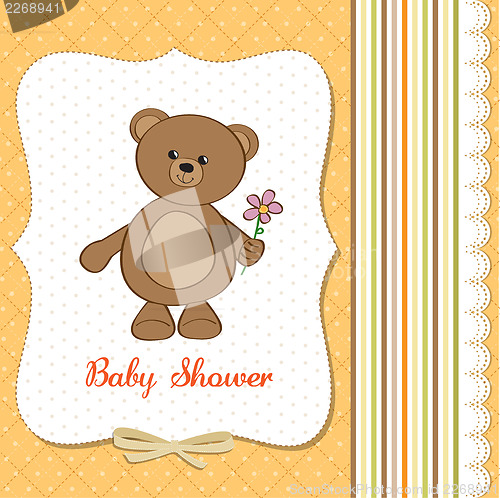Image of baby shower card with teddy bear toy