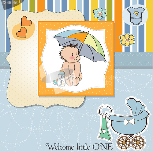 Image of baby boy shower card with funny baby under his umbrella