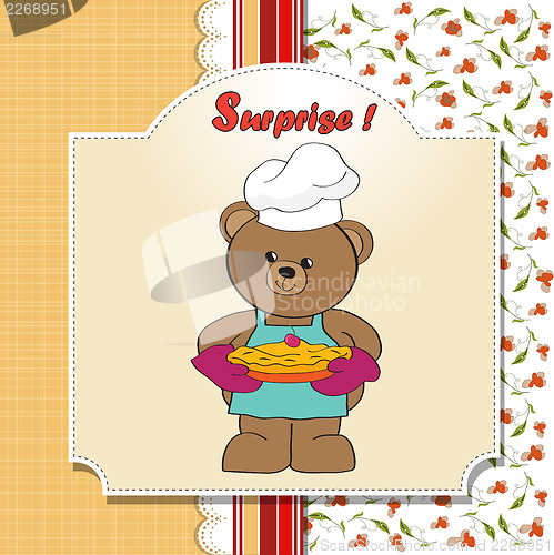 Image of teddy bear with pie. birthday greeting card