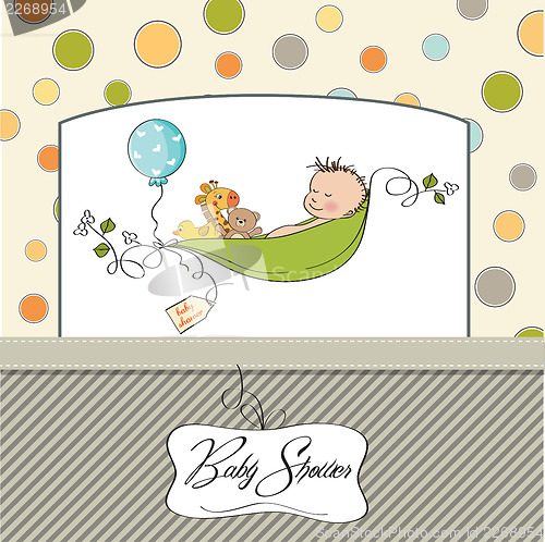 Image of little boy sleeping in a pea been, baby announcement card