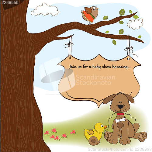 Image of baby shower card with dog and duck toy