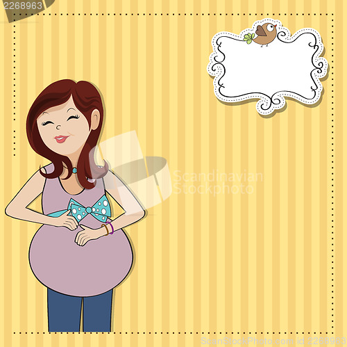 Image of happy pregnant woman, baby shower card