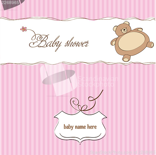 Image of romantic baby girl announcement card with teddy bear