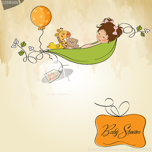 Image of little girl siting in a pea been. baby announcement card