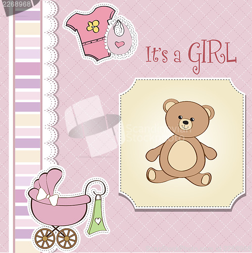 Image of romantic baby girl announcement card with teddy bear