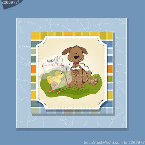 Image of baby shower card with dog and duck toy