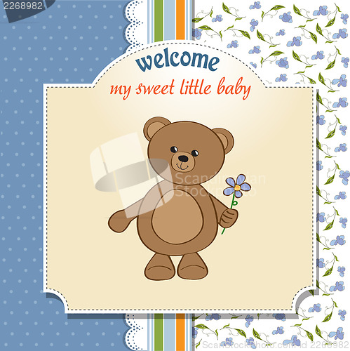 Image of baby shower card with teddy bear toy