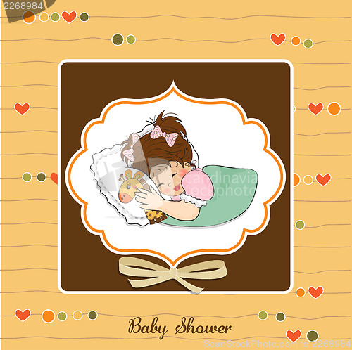 Image of baby shower card with little girl and her toy