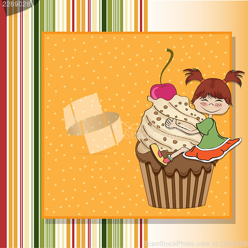 Image of birthday card with funny girl perched on cupcake