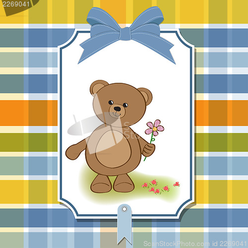 Image of happy birthday card with teddy bear and flower