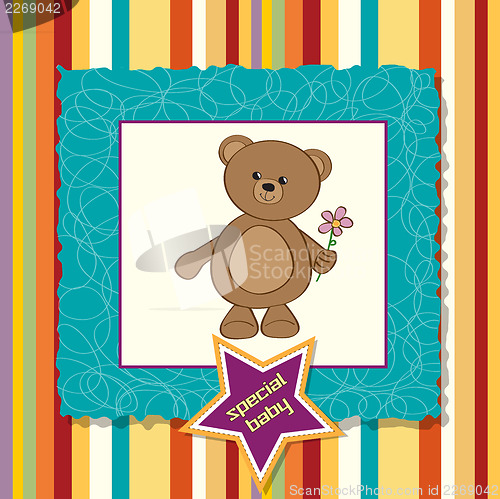 Image of baby announcement card with teddy bear and flower