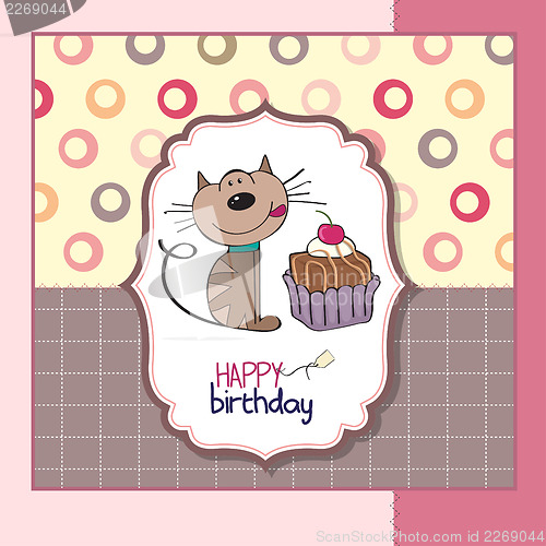 Image of birthday greeting card with a cat waiting to eat a cake