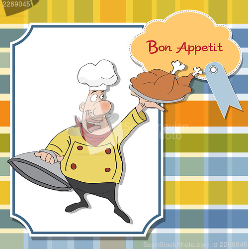 Image of funny cartoon chef with tray of food in hand