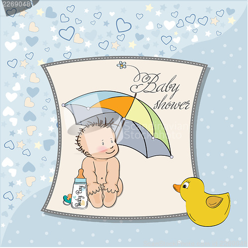 Image of baby boy shower card with funny baby under his umbrella