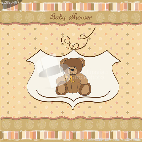 Image of baby shower card with teddy bear toy