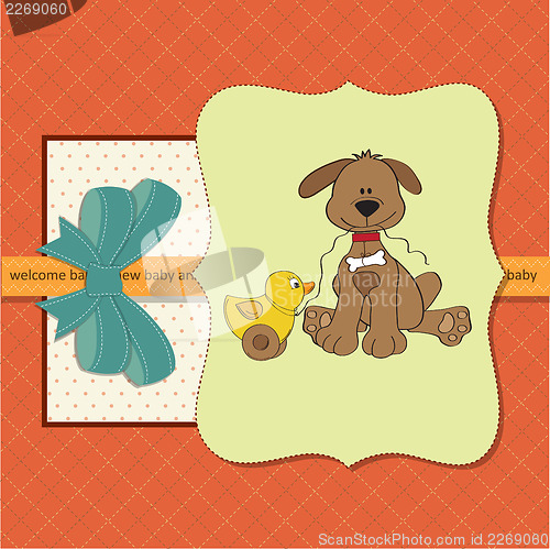 Image of baby shower card with dog and duck toy