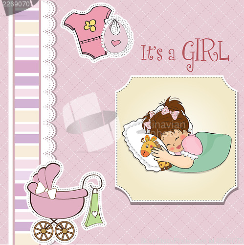 Image of baby shower card with little girl and her toy