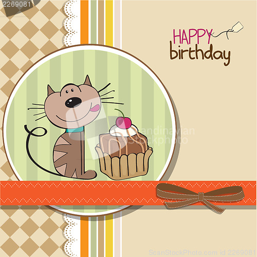 Image of birthday greeting card with a cat waiting to eat a cake