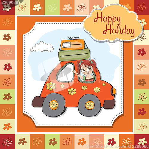 Image of happy woman going on holiday by car