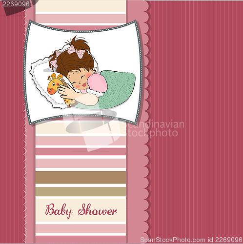 Image of baby shower card with little girl and her toy
