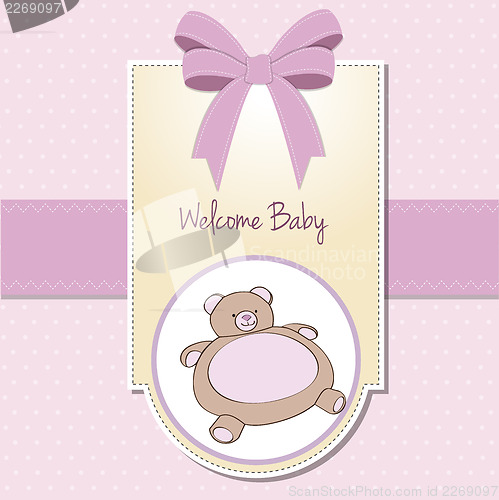 Image of baby shower card with teddy bear toy