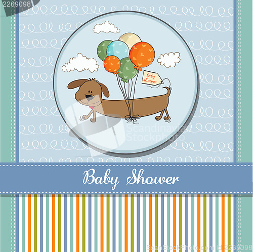 Image of baby shower card with long dog and balloons