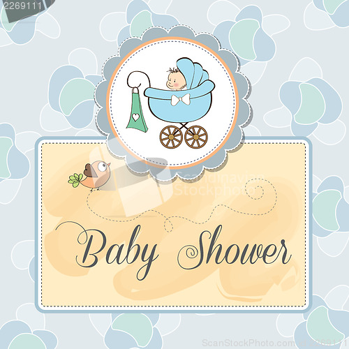 Image of baby boy announcement card with baby and pram