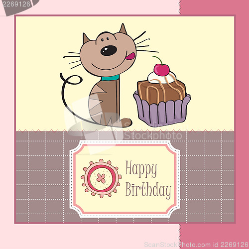 Image of birthday greeting card with a cat waiting to eat a cake