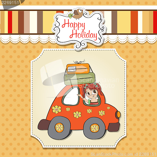 Image of happy woman going on holiday by car