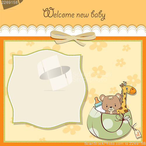 Image of new baby announcement card with bag and same toys