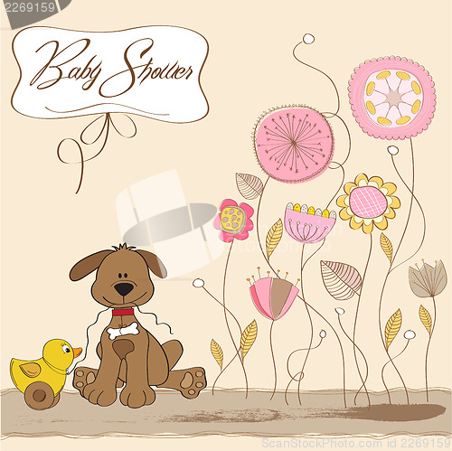 Image of baby shower card with dog and duck toy