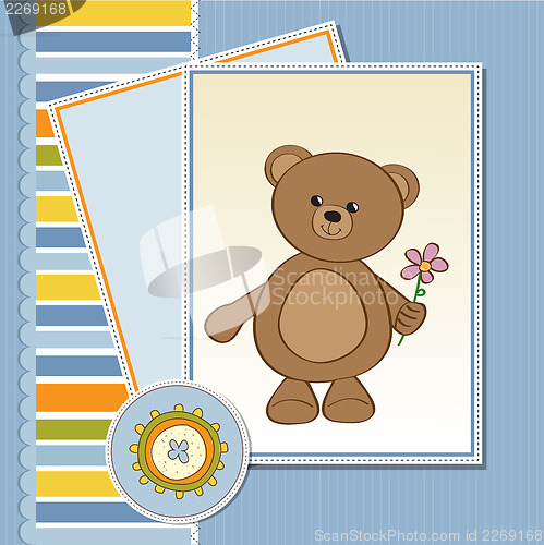 Image of happy birthday card with teddy bear and flower