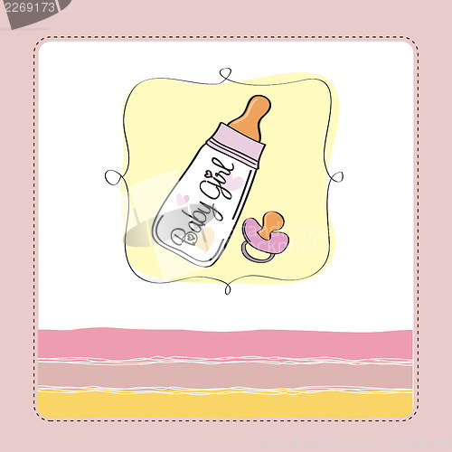 Image of new baby girl announcement card with milk bottle and pacifier