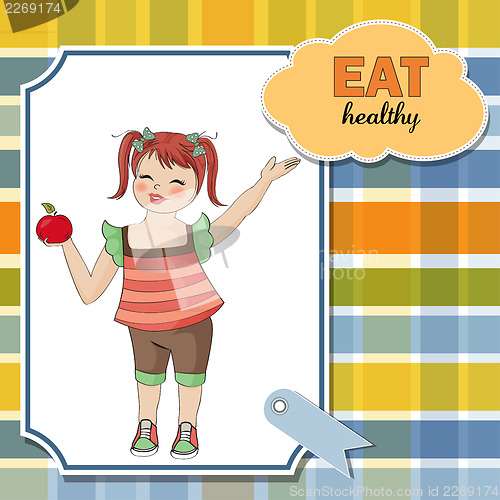 Image of pretty young girl recommends healthy food