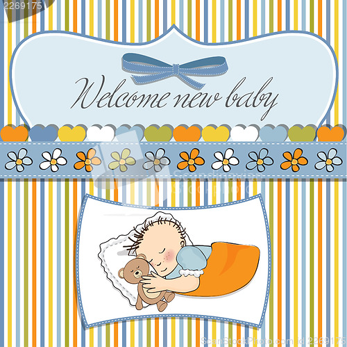 Image of baby shower card with little baby boy sleep with his teddy bear 