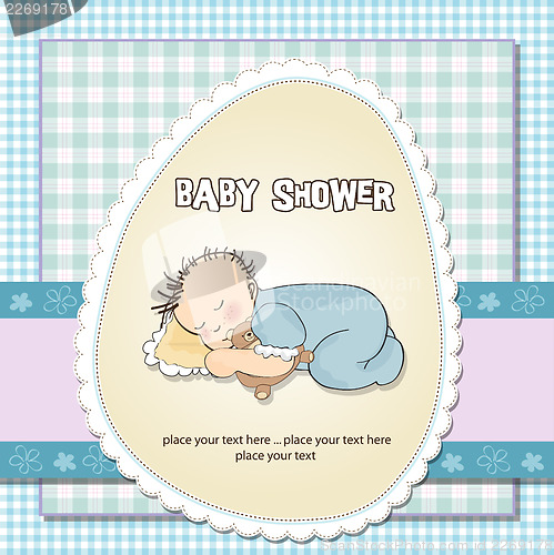 Image of baby shower card with little baby boy sleep with his teddy bear 