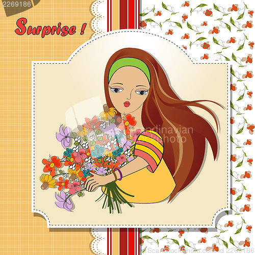 Image of young girl with a bunch of flowers