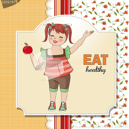 Image of pretty young girl recommends healthy food