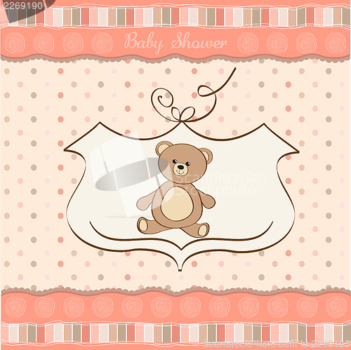 Image of romantic baby girl announcement card with teddy bear