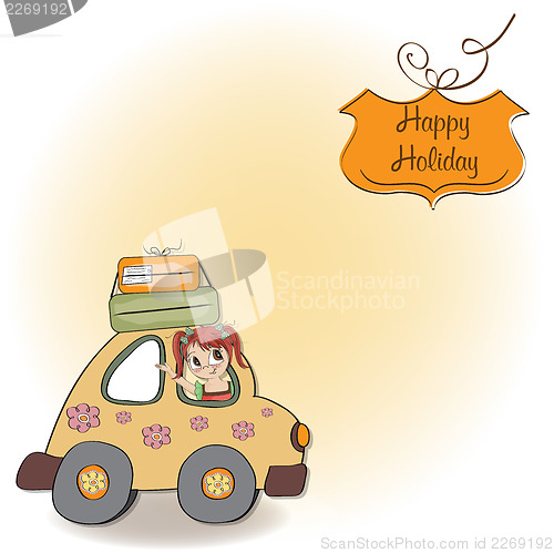 Image of happy woman going on holiday by car