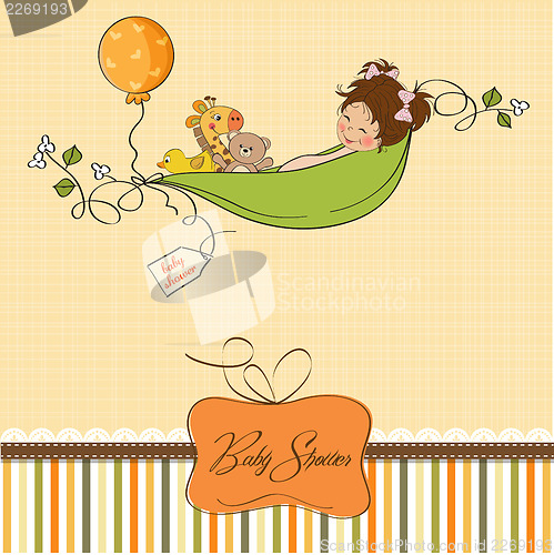 Image of little girl siting in a pea been. baby announcement card