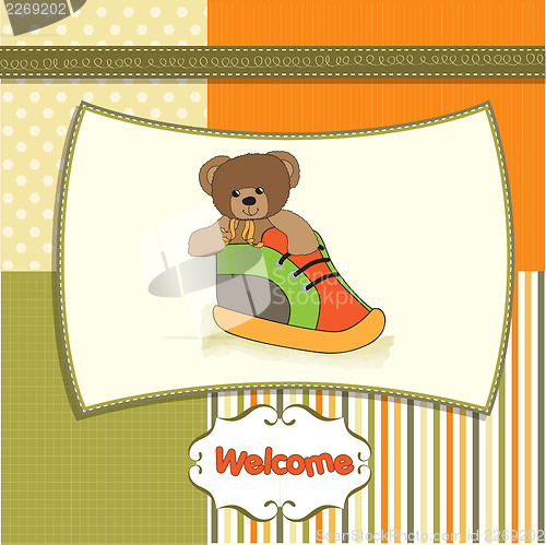 Image of shower card with teddy bear hidden in a shoe