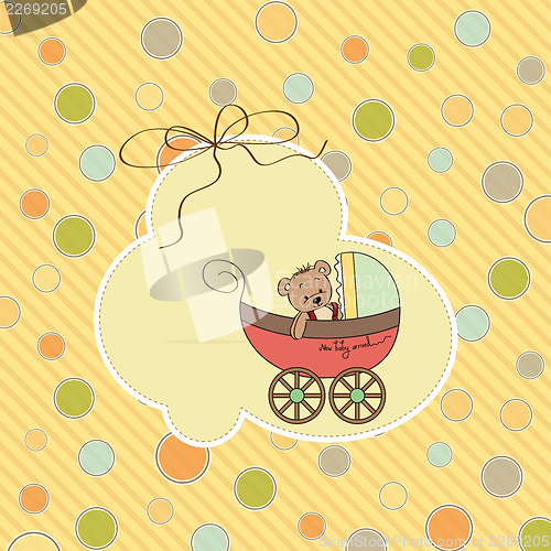 Image of funny teddy bear in stroller