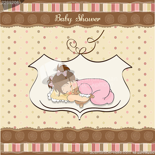 Image of baby shower card with little baby girl play with her teddy bear 