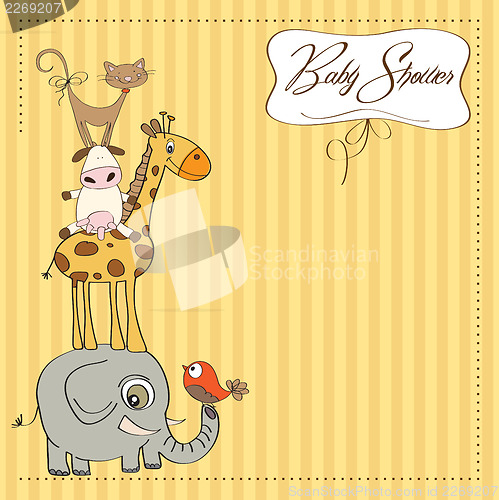 Image of baby shower card with funny pyramid of animals