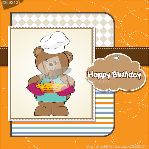 Image of teddy bear with pie. birthday greeting card