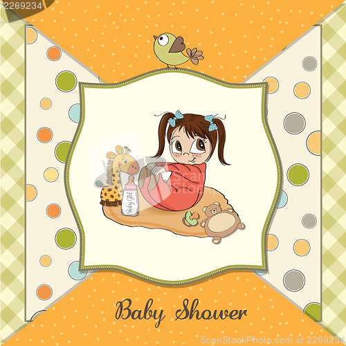 Image of little baby girl play with her toys. baby shower card