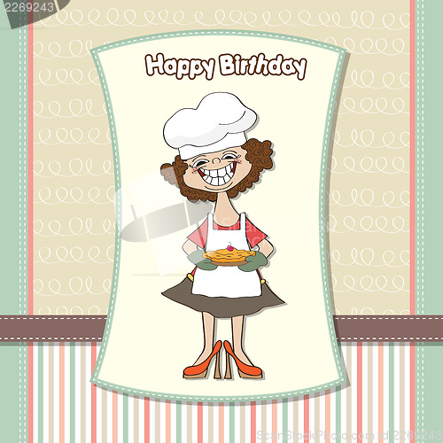 Image of birthday greeting card with funny woman and pie